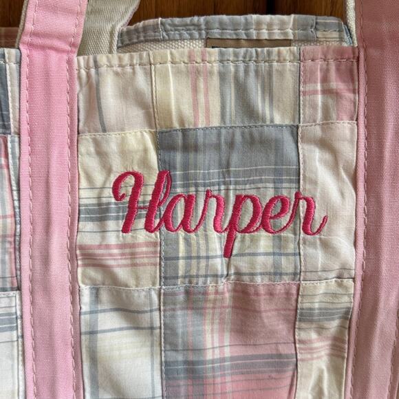 Llbean vintage pink plaid large boat and tote purse bag 100% cotton canvas vtg - Picture 3 of 10